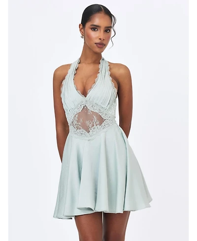 Miss Circle Women's Rianna Light Sage Crinkle Satin Halter Mini Dress