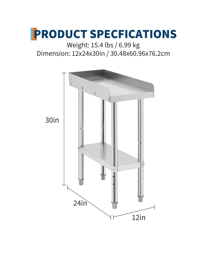 24 x 12 30/24 30 in. Stainless Steel Bbq Prep Table, Outdoor Grill Work Table with Removable Backsplash for Patio Backyard, Silver
