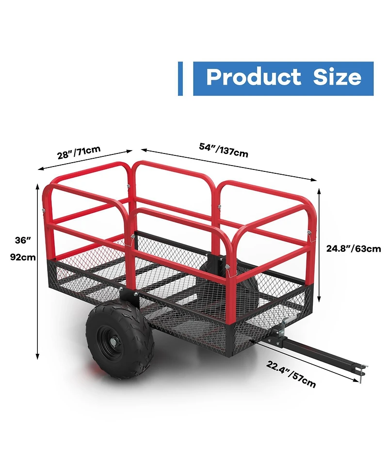 28x54x36 In Atv Heavy Duty Utility Trailer, Alloy Steel 1700 Lb Capacity with Mesh Sides for Garden Farm Land Transport, Red