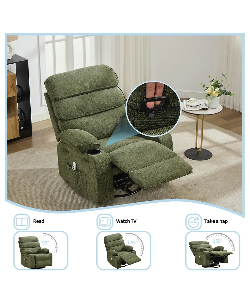 37"W Manual Swivel Rocker Recliner Chair with Massage and Heat, Linen Fabric Recliner with Iron Frame for Living Room Bedroom Office, Blue/Green