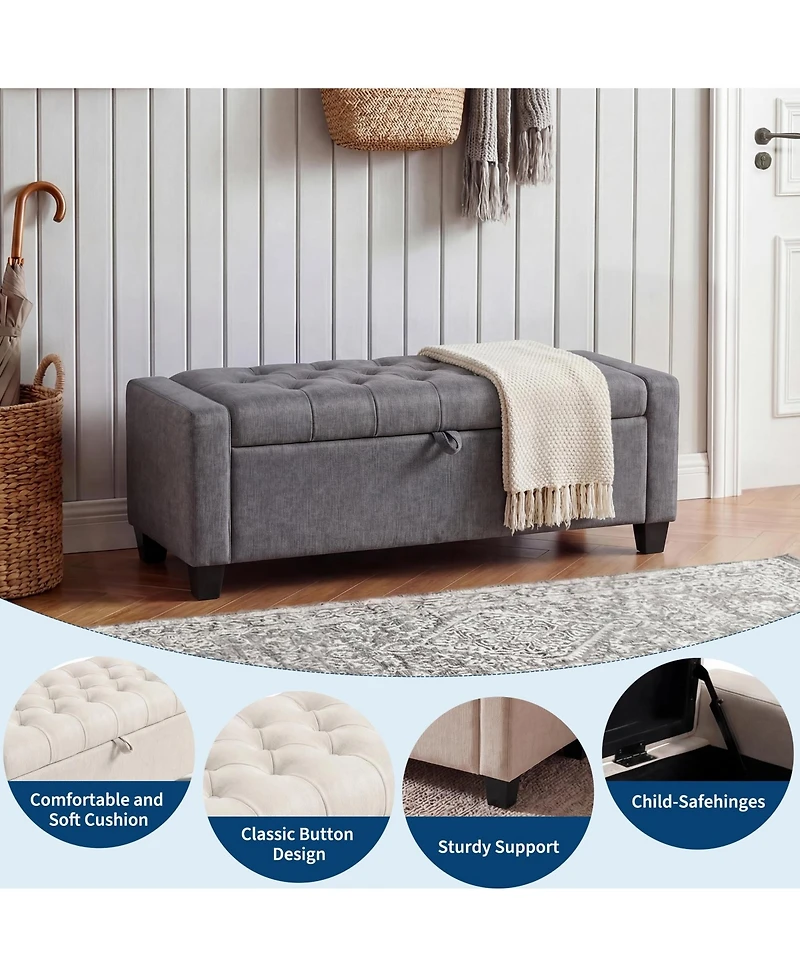 51 in. Upholstered Storage Bench with Lift-Up Seat, Linen Fabric Bed Bench with Hidden Storage, Rubberwood Legs for Bedroom Entryway, Gray