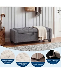51 in. Upholstered Storage Bench with Lift-Up Seat, Linen Fabric Bed Bench with Hidden Storage, Rubberwood Legs for Bedroom Entryway, Gray