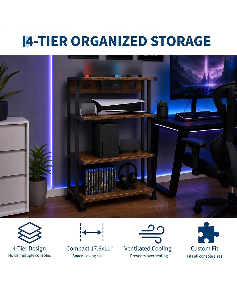 Gaomon 4-Tier Gaming Console Stand with Shelves, Heavy Duty Video Game Organizer, Media Storage Rack for Living Room Bedroom Game Room
