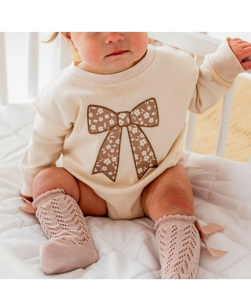 Sweet Wink Baby Girls Floral Bow Patch Long Sleeve Romper