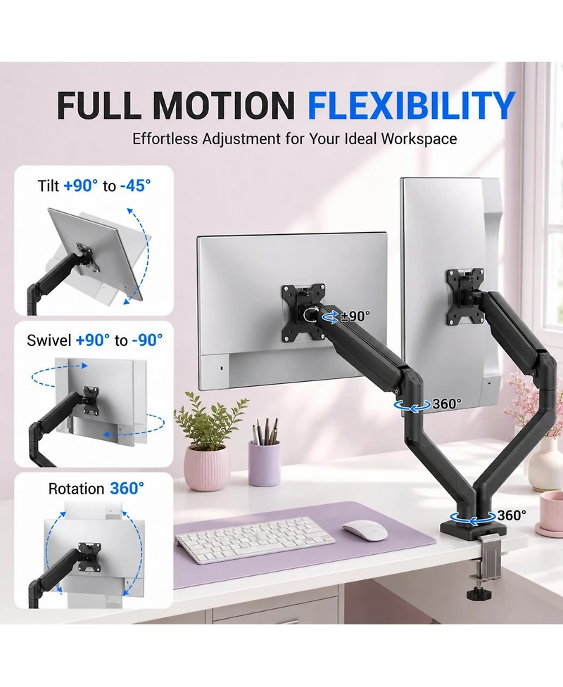 Lofree Gas Spring Monitor Mount Full-Motion Dual Arm Desk Mount Supports 13 to 32 Inch Monitors