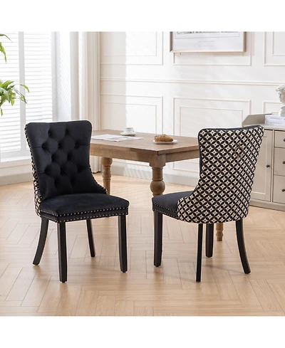 Flynama Set of 2 Patterned Velvet Dining Chairs, Solid Wood Nailhead Chairs with Adjustable Legs