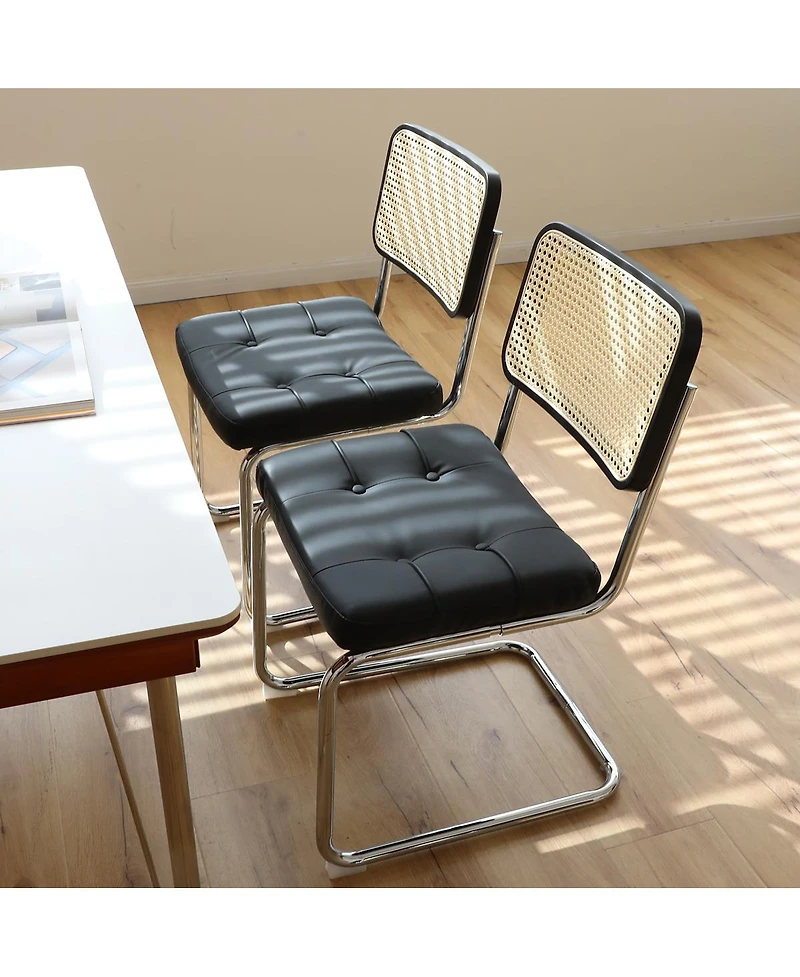 Flynama Dining Chairs Set of 2, Faux Leather Rattan Side Accent Chairs with Chrome Legs, Modern Mid Century Breuer Designed Chairs