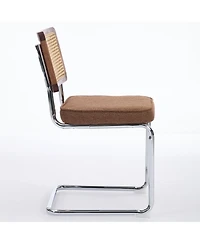 Flynama Set of 2 Cane Back Linen Upholstered Chrome Steel Pipe Base Cantilever Dining Chairs