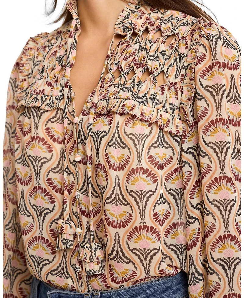 Mint Velvet Women's Floral-Print Ruffle-Trim Tie-Front Long-Sleeve Blouse