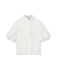 Mint Velvet Women's Short Puff Sleeve Jacquard Ruffle-Trim Blouse
