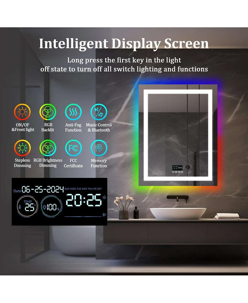 Luvodi Rgb Backlit + Front Lighted 28"x36" Led Bathroom Mirror with Bluetooth Speaker Time Temperature Display Memory Function
