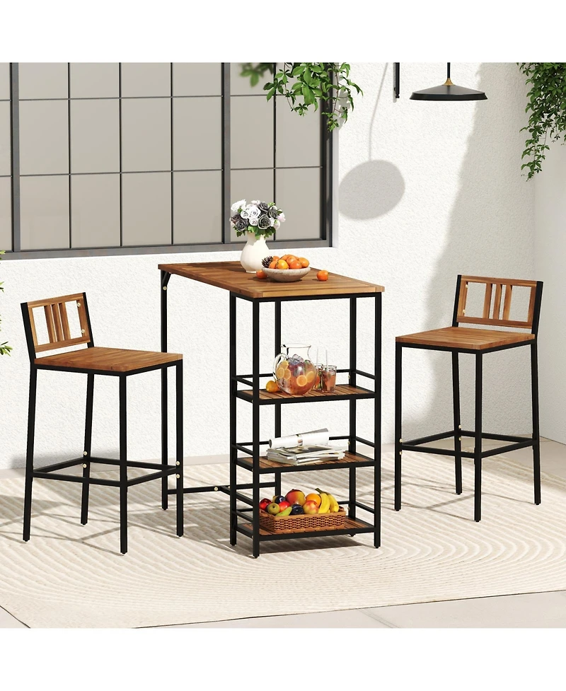 Mecale 3-Piece Outdoor Acacia Wood Bar Set with 3-Tier Storage Shelf