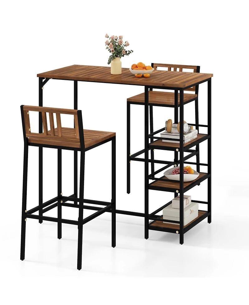 Mecale 3-Piece Outdoor Acacia Wood Bar Set with 3-Tier Storage Shelf