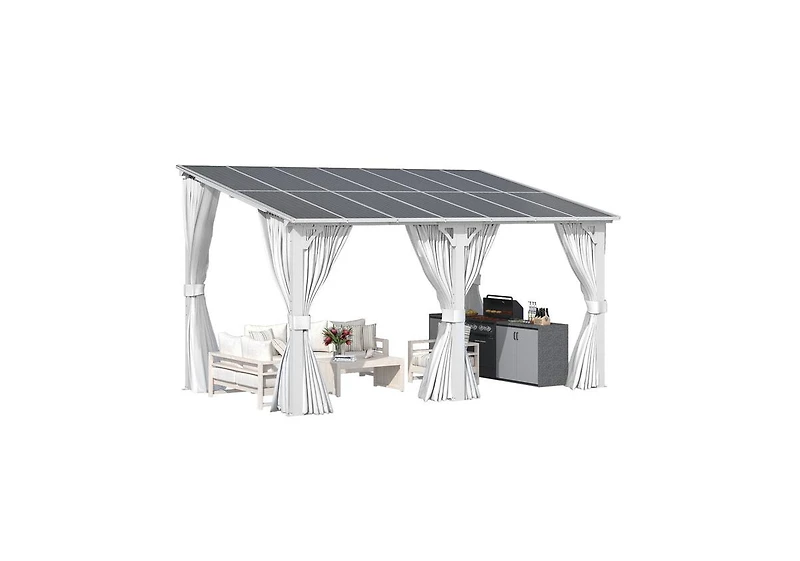 Aecojoy 14' x 8'Wall Mounted Hardtop Gazebo Lean to Metal Pergola with Curtains Netting Patio
