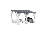 Aecojoy 14' x 8'Wall Mounted Hardtop Gazebo Lean to Metal Pergola with Curtains Netting Patio