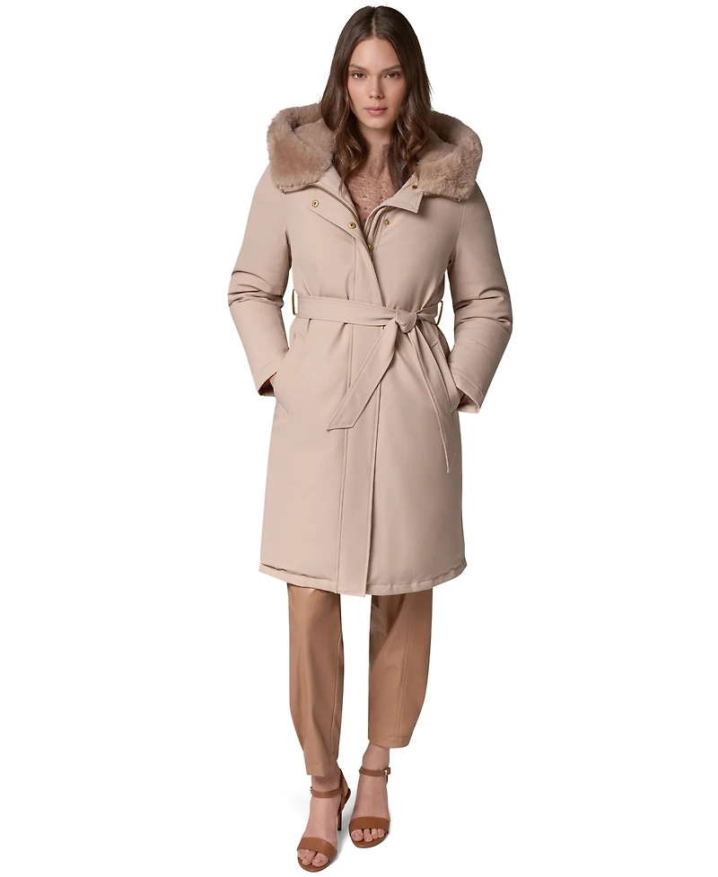 Donna Karan New York Women's Belted Fur Hooded Puffer Coat