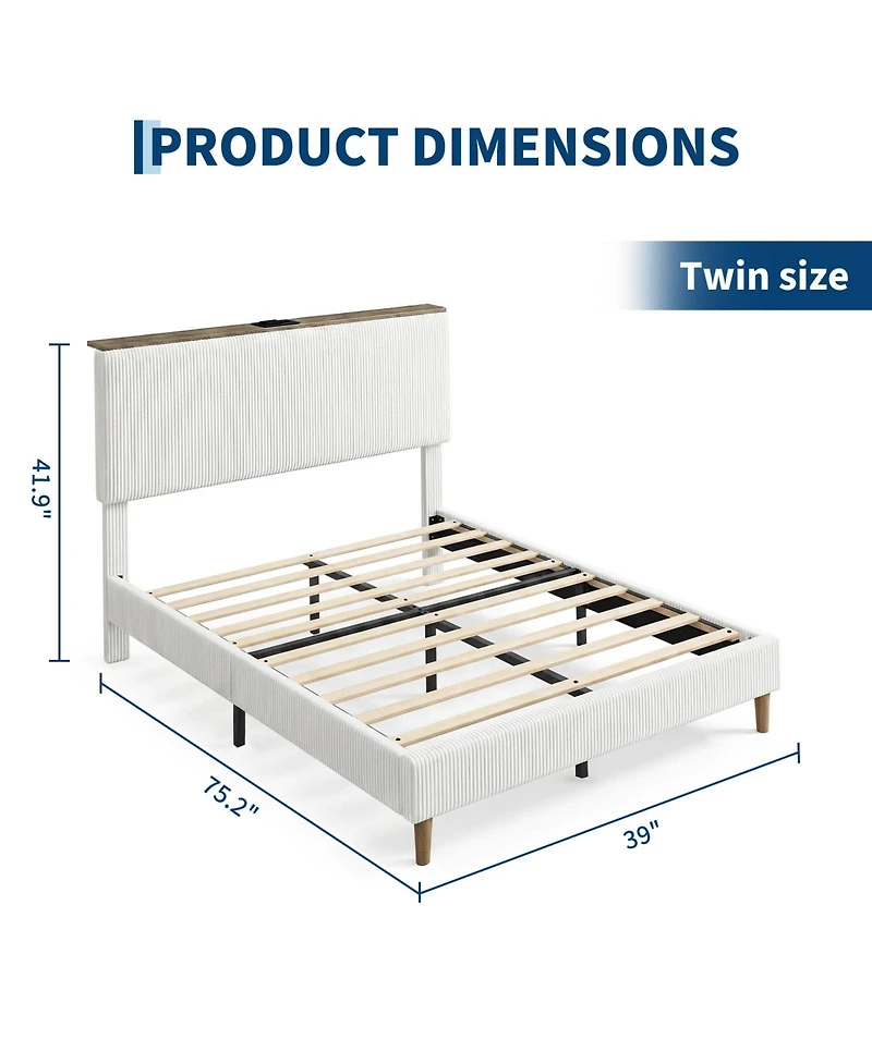 gaomon Twin Bed Frame – Upholstered Platform with Corduroy Storage Headboard, Charging Station and Led Lights, No Box Spring