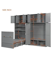 Clihome Twin Murphy Cabinet Bed with Wardrobe and Storage Shelves, 5-Tier Led Display Overhead Cabinets