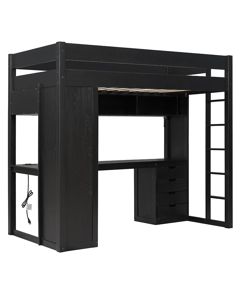 Clihome Twin Size Solid Wood Loft Bed with L-Shaped Desk and 4 Drawers, Ash Veneer High Loft Bed with Smart App Control Led Light Strip