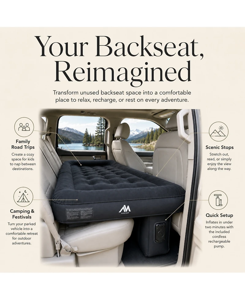 Ayamaya Xl Car Air Mattress for Back Seat with Rechargeable Pump, Comfortable Travel Bed for Suv and Sedan Trips