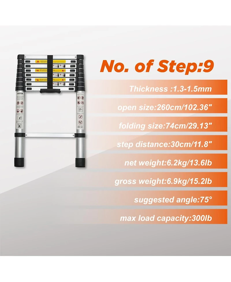 Streamdale Furniture Telescoping Ladder 8.5FEET, 300 lbs Capacity Aluminum Extension Ladder