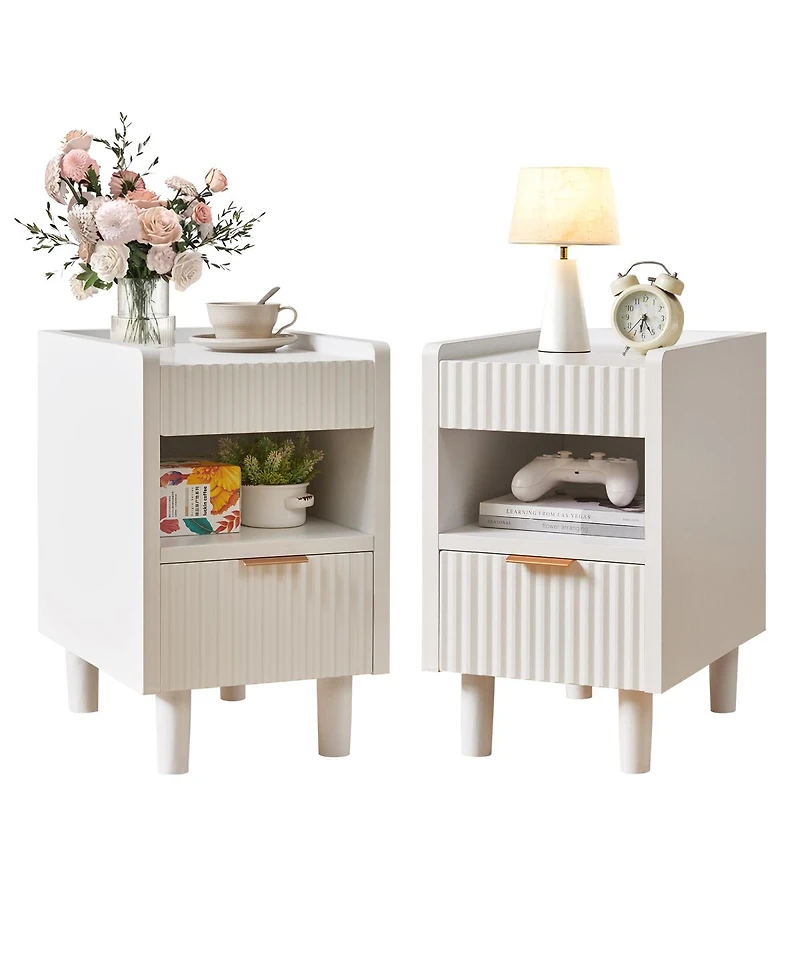 Streamdale Furniture Fluted Wood Nightstands, 2 Pack Modern Bedside Tables with Drawer