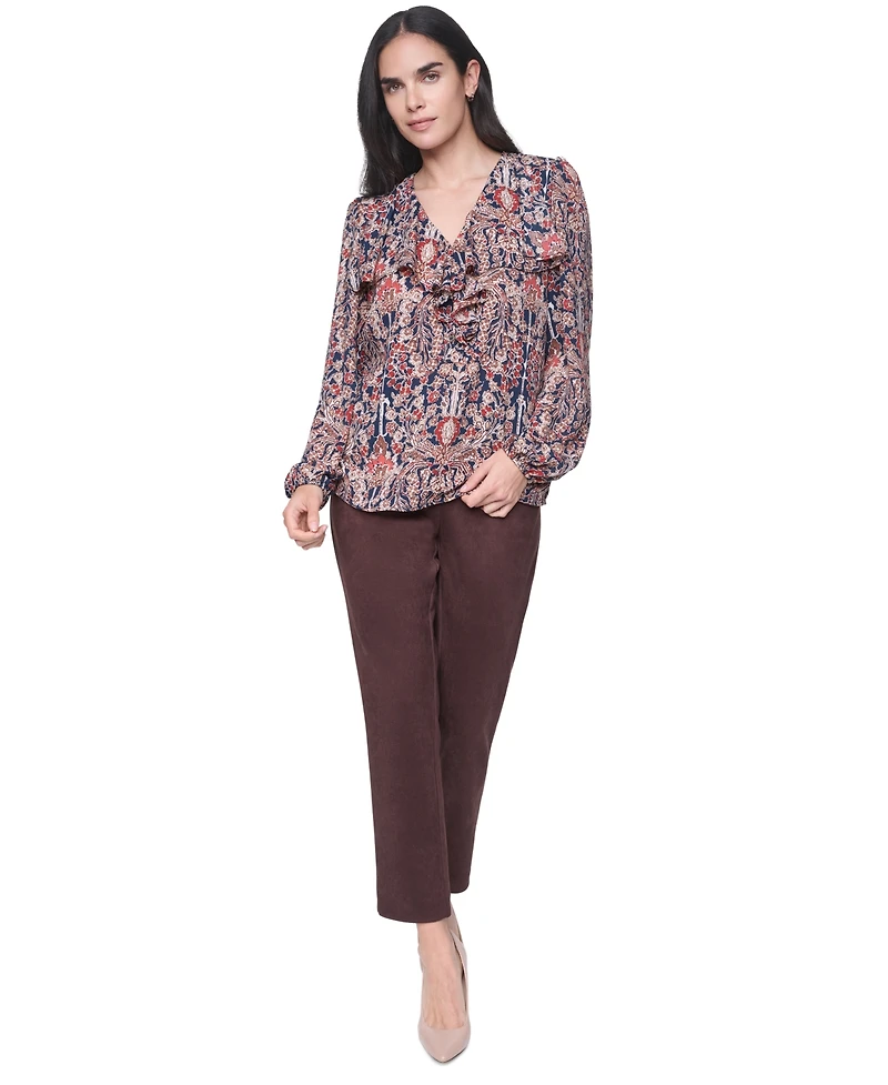 Tommy Hilfiger Women's Long-Sleeve Floral-Print Ruffle-Trim V-Neck Blouse