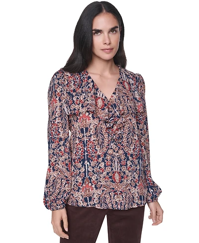 Tommy Hilfiger Women's Long-Sleeve Floral-Print Ruffle-Trim V-Neck Blouse