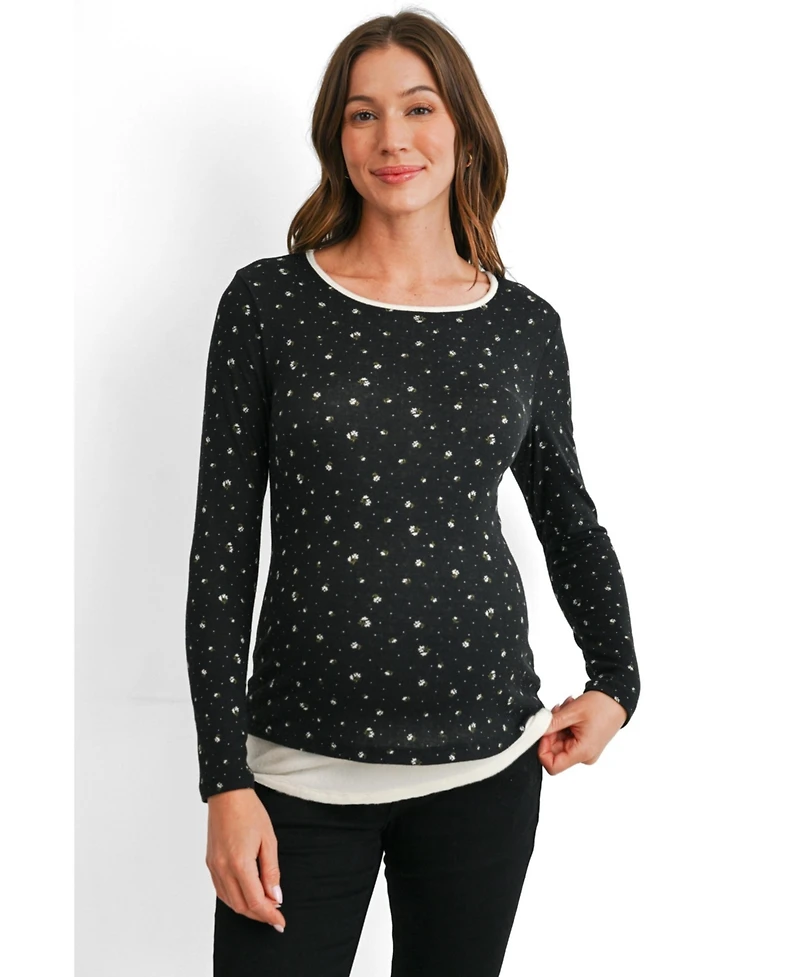 Hello Miz Maternity Floral-Print Scoop Neck Fitted Long-Sleeve Top