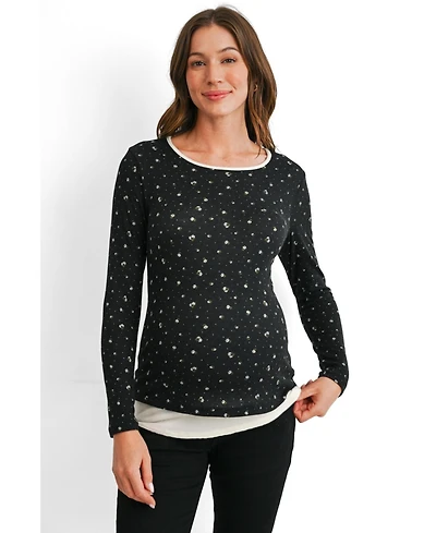 Hello Miz Maternity Floral-Print Scoop Neck Fitted Long-Sleeve Top
