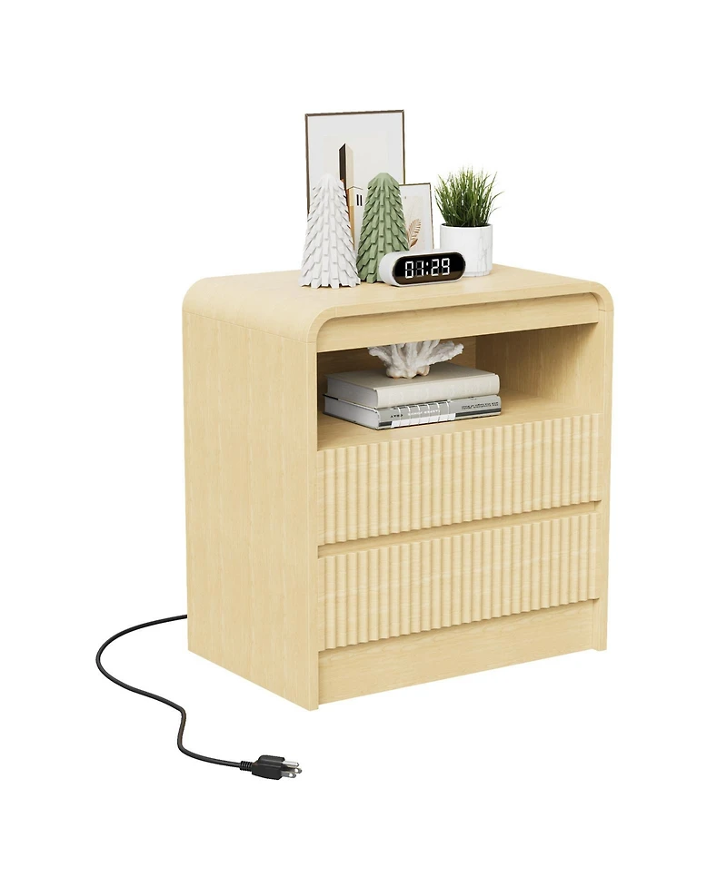 homfan 23.6-Inch Wood Color Fluted Nightstand with Charging Station and 2 Drawers