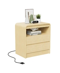 homfan 23.6-Inch Wood Color Fluted Nightstand with Charging Station and 2 Drawers