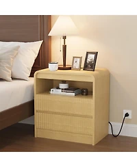 homfan Set of 2 Wood Color Fluted Nightstands with Charging Station and 2 Drawers