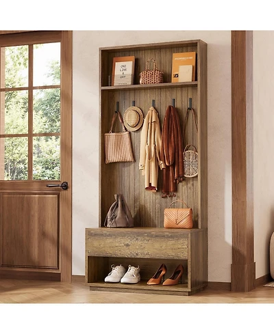 Tribesigns Hall Tree with Bench and Shoe Storage, Entryway Coat Rack with Shoe Bench and Drawer, 5 Hooks, Freestanding Hall Tree Organizer