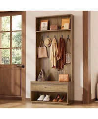 Tribesigns Hall Tree with Bench and Shoe Storage, Entryway Coat Rack with Shoe Bench and Drawer, 5 Hooks, Freestanding Hall Tree Organizer