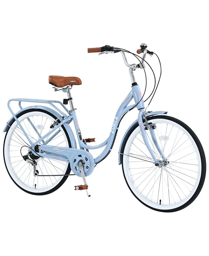 ECHTPeak 24-Inch Beach Cruiser Bike, 7 Speed V - Brake Cruiser Bike, Anti-Skid Tires, with Rear Rack Bell, Steel Frame, for Girls Women Senior