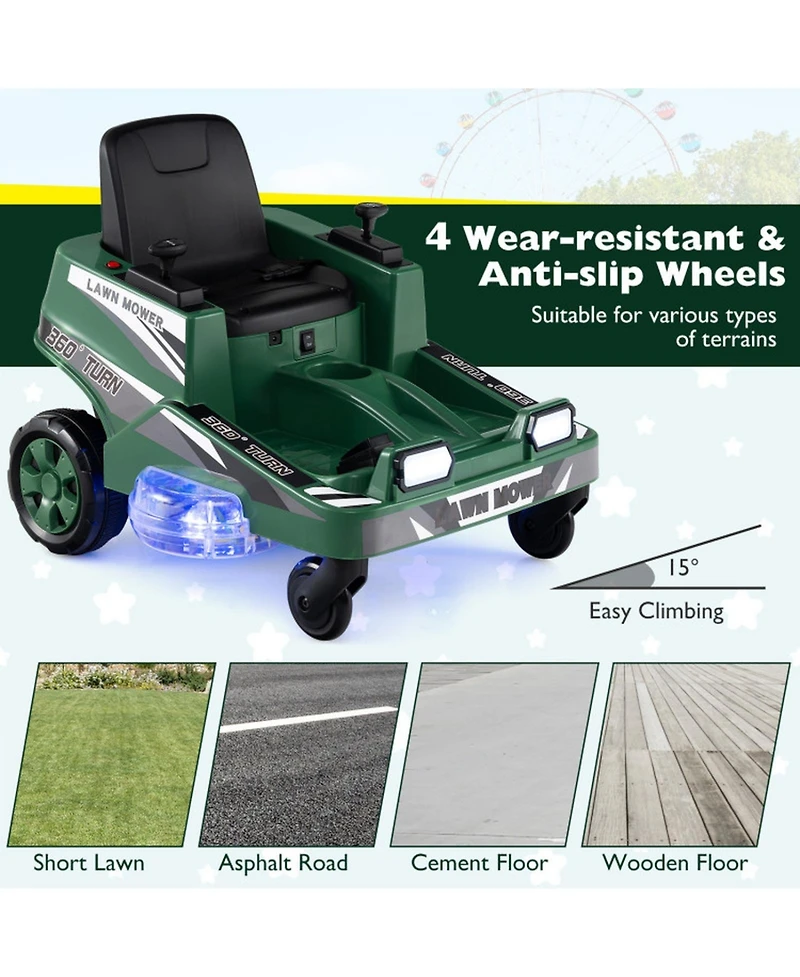 Hongge 12V Ride-On Mower with Spinning Blades and Led Lights, 77 lbs., Ages 3–8