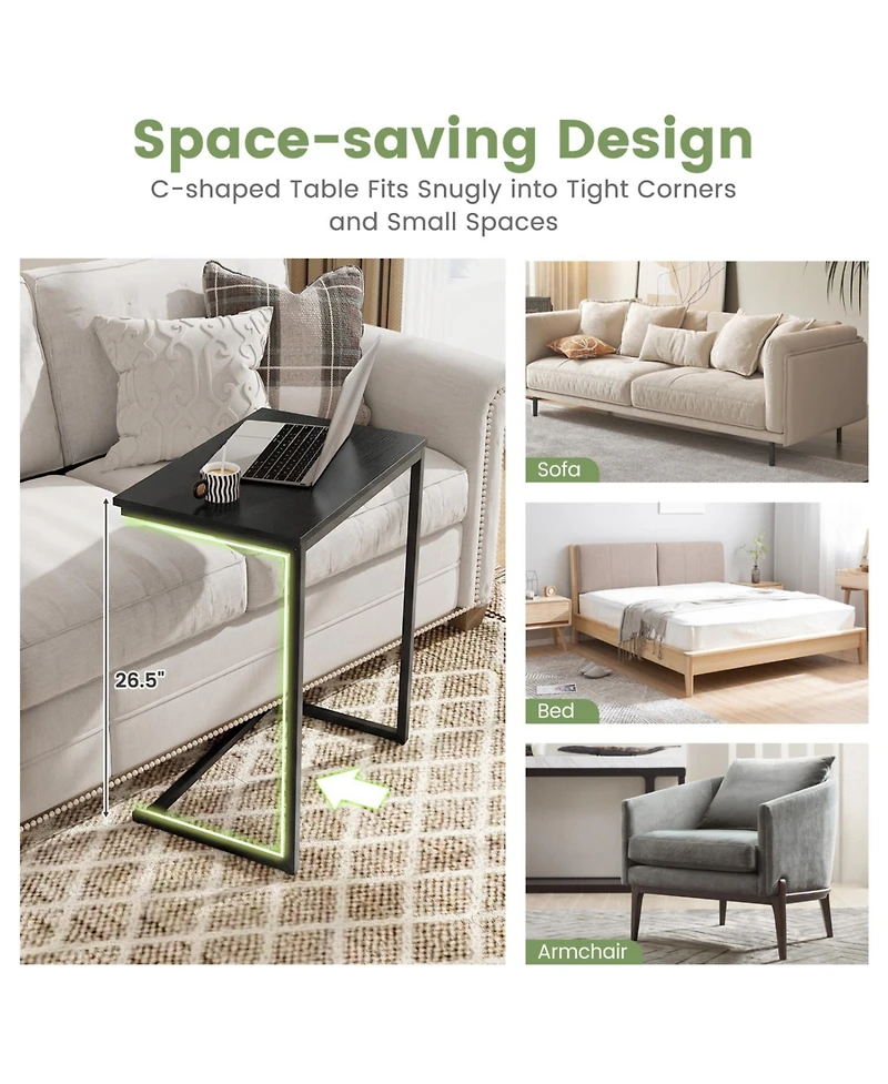 Slickblue C-Shaped Sofa End Table with Metal Frame for Drinks and Laptop Use