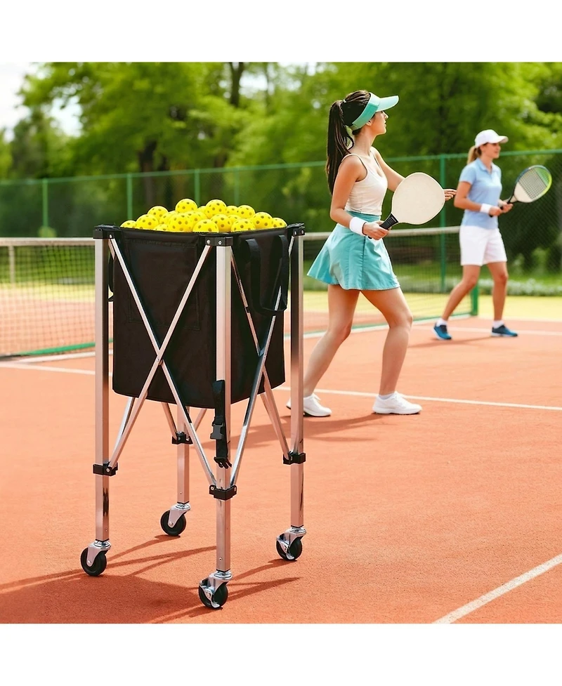 Hongge Stainless Steel Tennis Ball Hopper Cart Holding 200 Balls with Locking Swivel Wheels and Storage Bag
