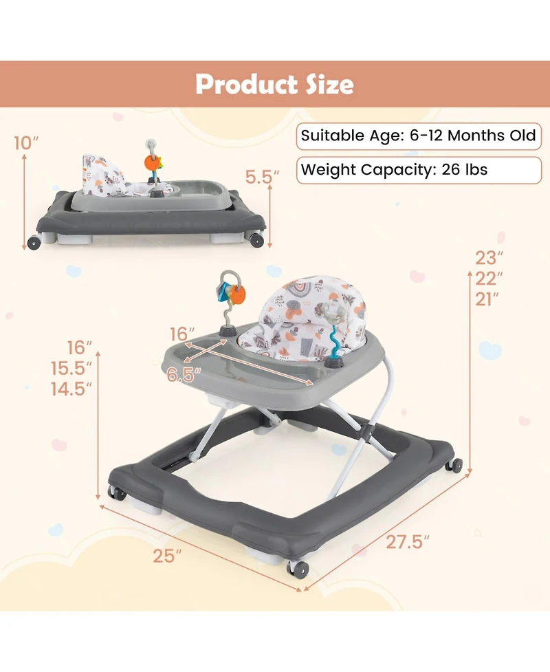 Slickblue Adjustable Height Foldable Baby Walker with Removable Seat for Infants
