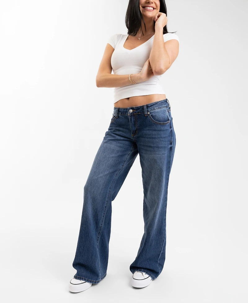 Em & Cass Juniors' Low-Rise Wide-Leg Denim Jeans