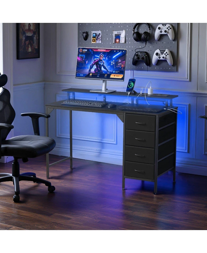 Slickblue Gaming Desk with Led Lights, Charging Station, 4 Storage Drawers and Monitor Shelf