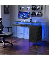Slickblue Gaming Desk with Led Lights, Charging Station, 4 Storage Drawers and Monitor Shelf