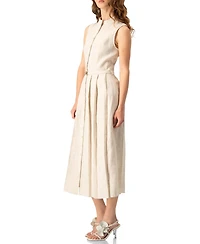 Ivonne Women's Linen Belted Band Collar Midi Shirtdress