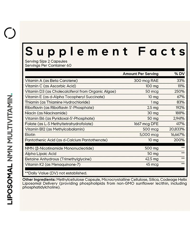 Codeage Liposomal Nmn Multivitamin 500 Milligram, Nicotinamide Mononucleotide, A C D3 E K2 B Complex, 120 Count