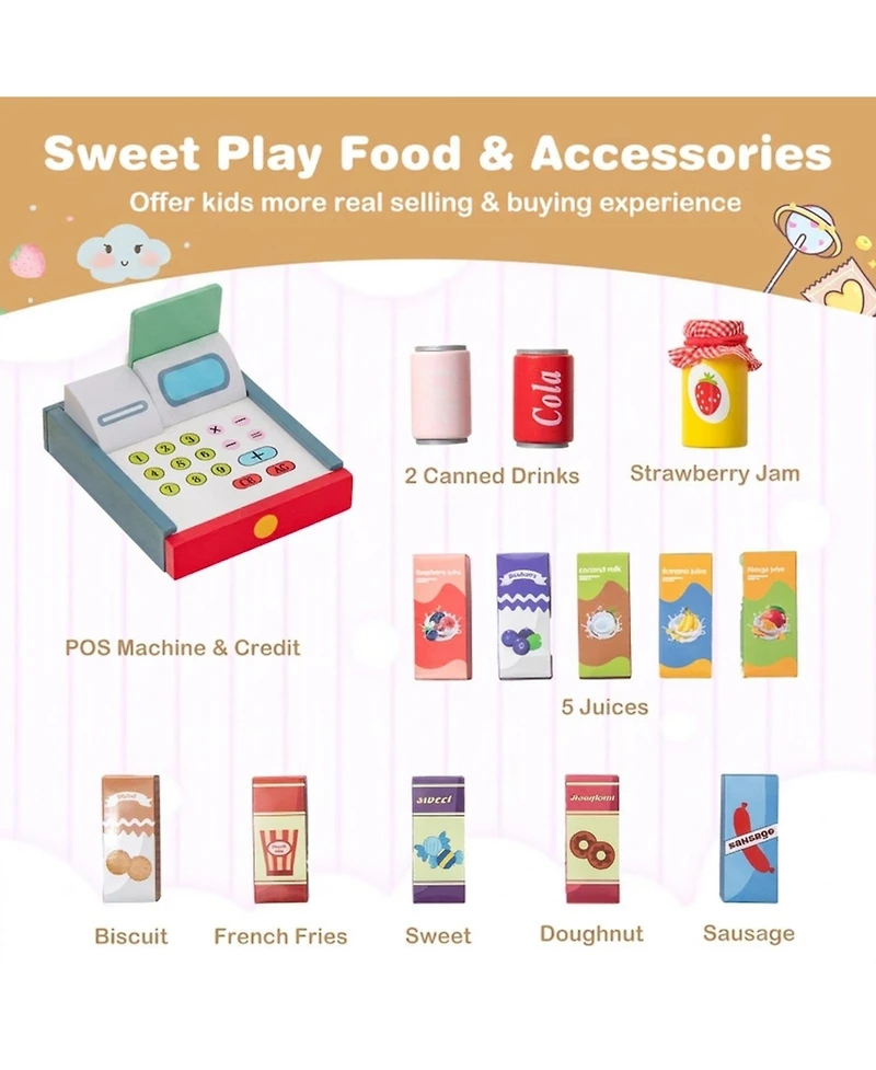 Sugift Wooden Market Stand with Cash Register & Vending Machine 13-Piece Playset, Ages 3+