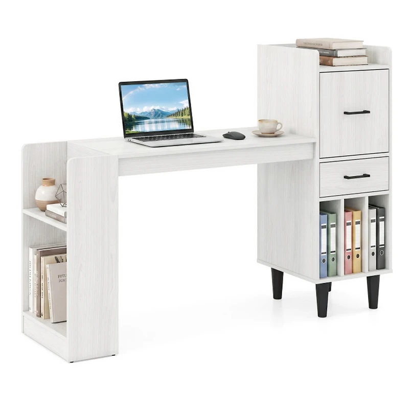 Sugift 59 Inch Home Office Desk with Side Storage Shelves Drawer and Cabinet Modern Computer Workstation