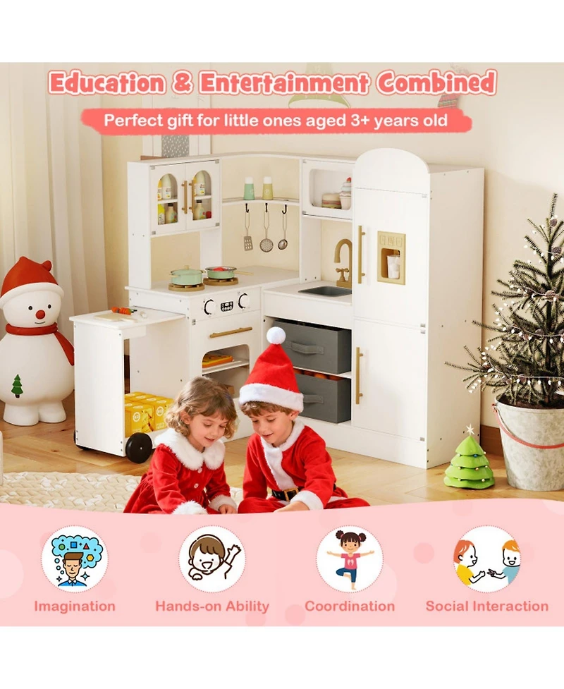 Sugift Corner Kitchen Playset with Retractable Countertop and Working Ice Maker, Ages 3+