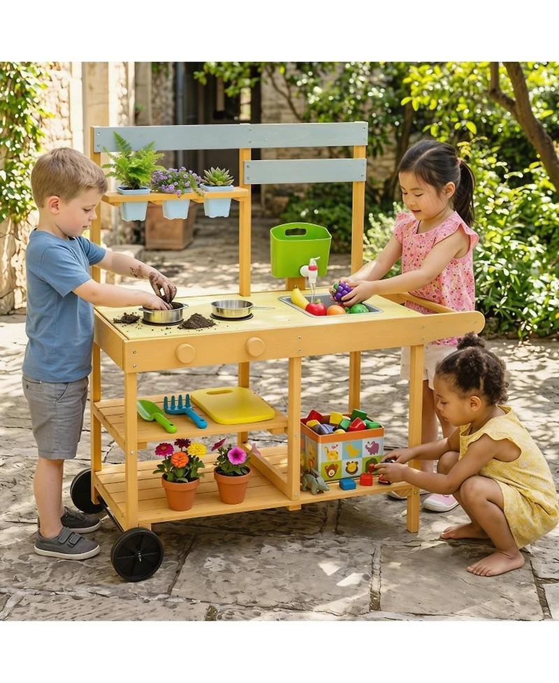 Sugift Mobile Wooden Mud Kitchen with 3 Flowerpots and Cooking Accessories, Ages 3+