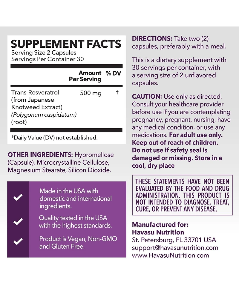 Havasu Nutrition Resveratrol 500 mg | Resveratrol from Japanese Knotweed Root | 60 Capsules